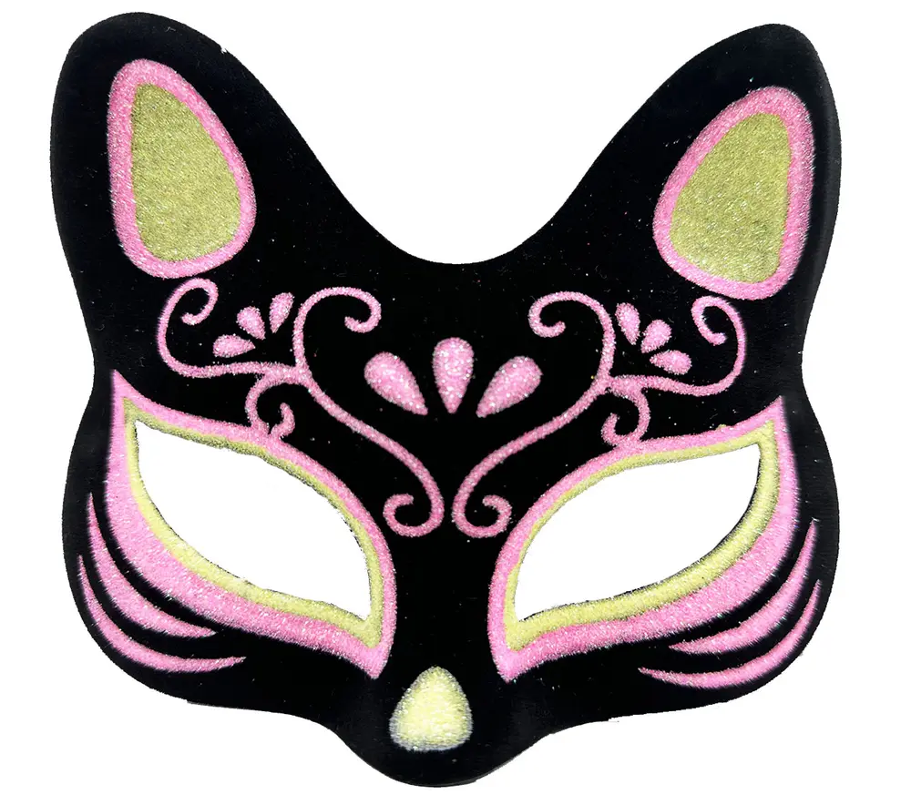 Siyah Renk Süet Kaplama Üzeri Sarı Pembe Simli Kedi Maskesi 17x14 cm 4