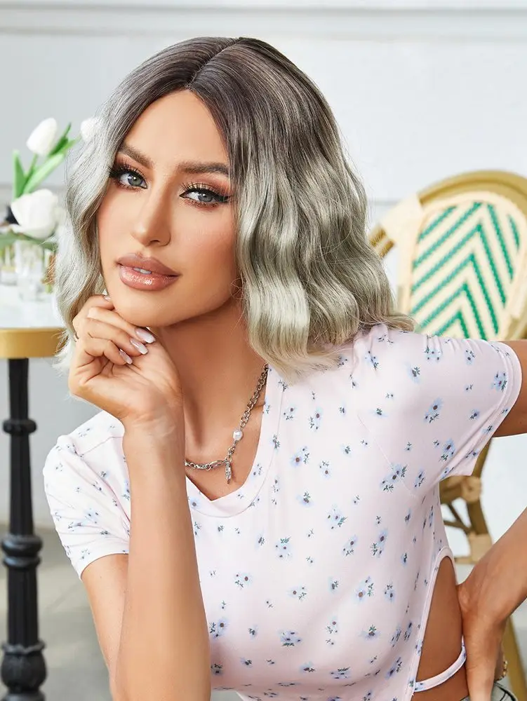 Kahverengi / Beyaz Platin Ombreli Küt Tül Peruk 3