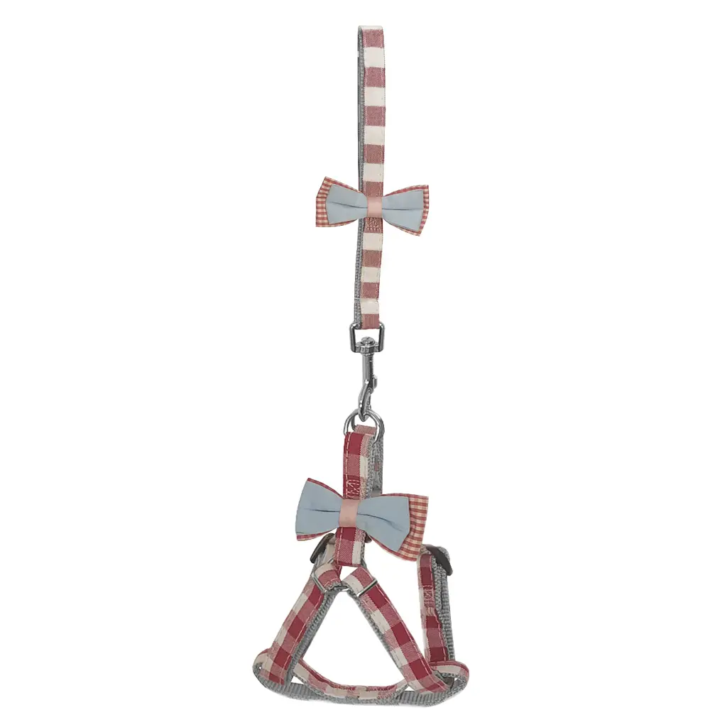 Köpek Göğüs Tasma Seti Ekose Desenli Papyonlu 1.5 cm*35-48 cm Kırmızı 4