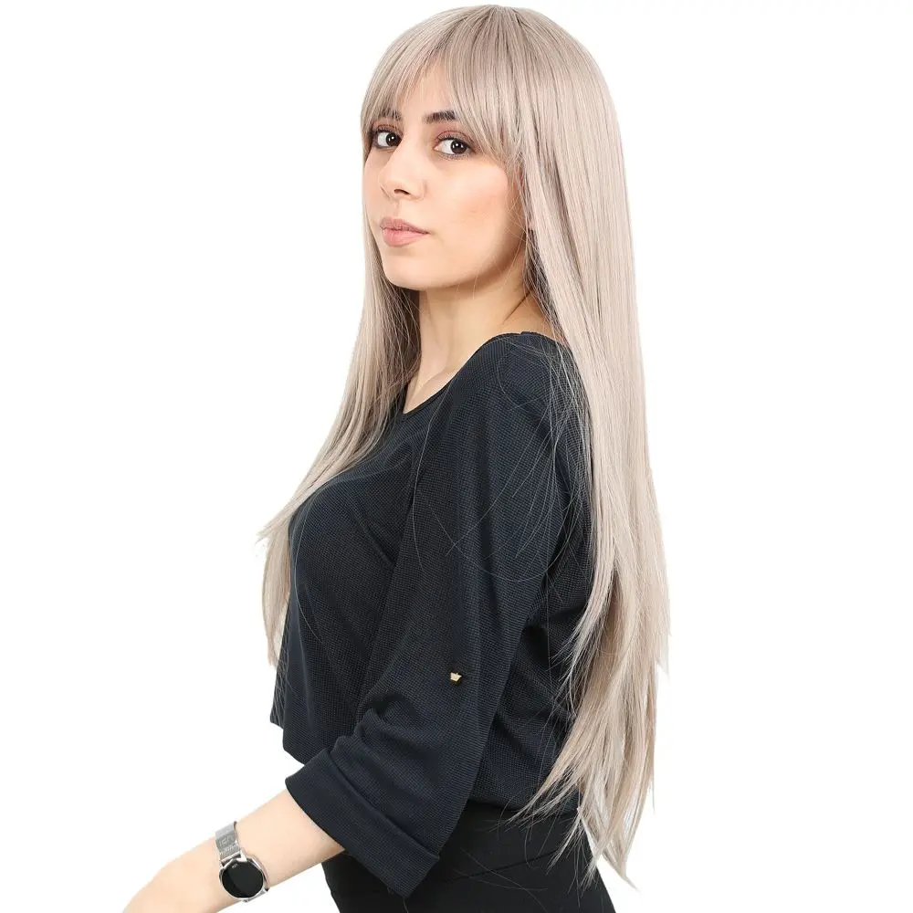 Fiber Sen Uzun Düz Kahküllü Peruk / Küllü Bebek Sarı 4