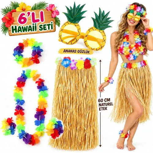 Hawaii Parti Kostüm Seti - 60 cm Hasır Etek, Çiçekli Aksesuarlar ve Ananas Gözlük