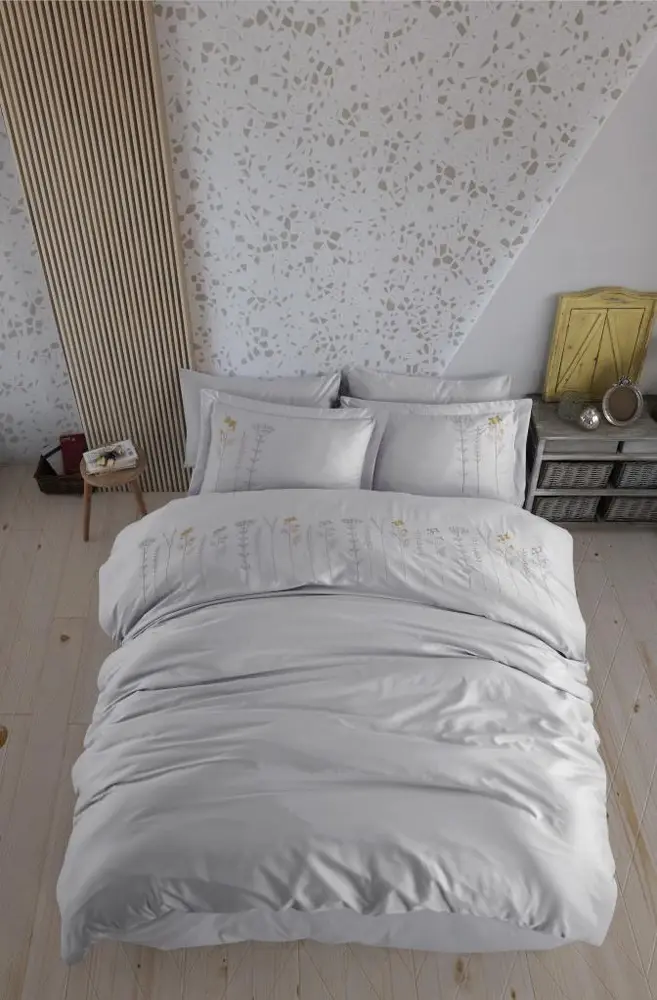 Çift Kişilik Poplin Premium Nakışlı Nevresim Diva Gri 2