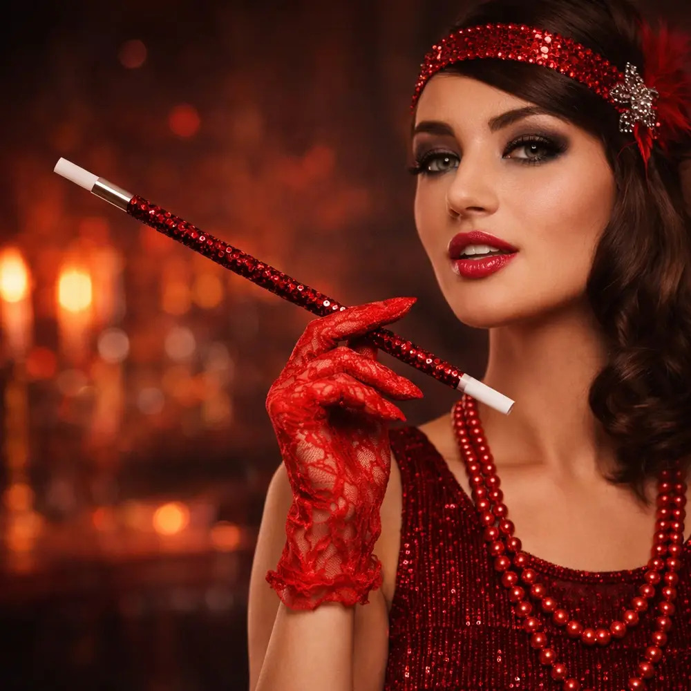 30 cm Kırmızı Payetli Sigara Tutacağı – 1920’ler Gatsby Parti Aksesuarı 3