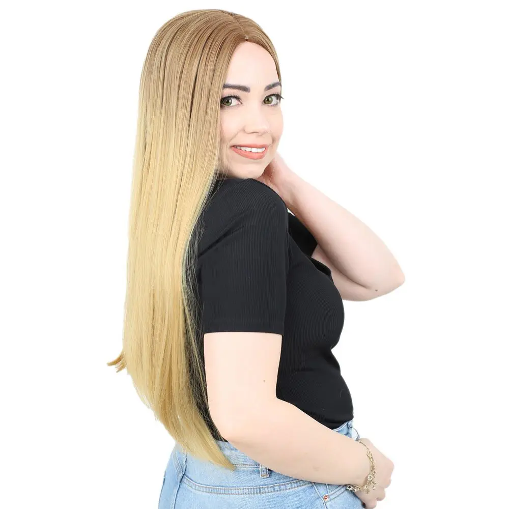 Fiber Sen Uzun Düz Peruk / Kumral / Sarı Ombreli 2