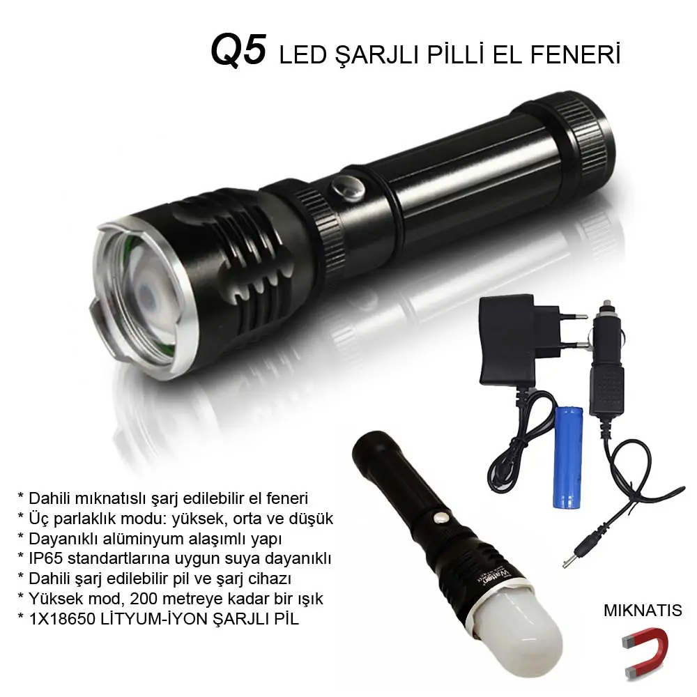 Flaşörlü Uzun Mesafeli Şarjlı Pilli Mıknatıslı EL Feneri Wt-282