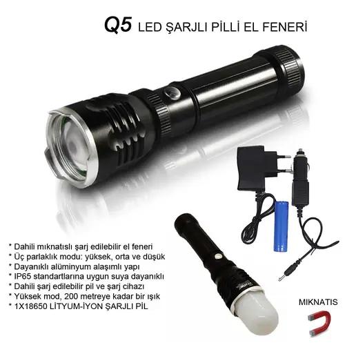 Flaşörlü Uzun Mesafeli Şarjlı Pilli Mıknatıslı EL Feneri Wt-282