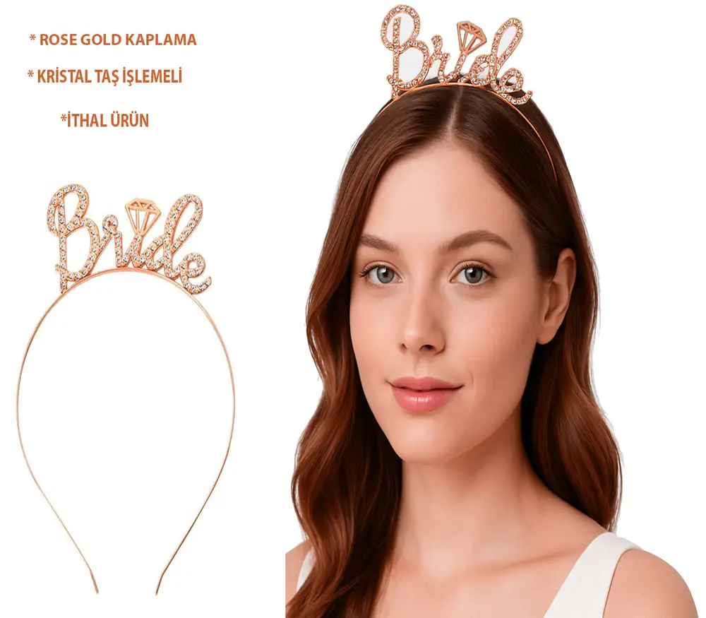 Rose Gold Renkli Taşlı “Bride” Gelin Tacı – El Yazısı Yazı Tipiyle 2