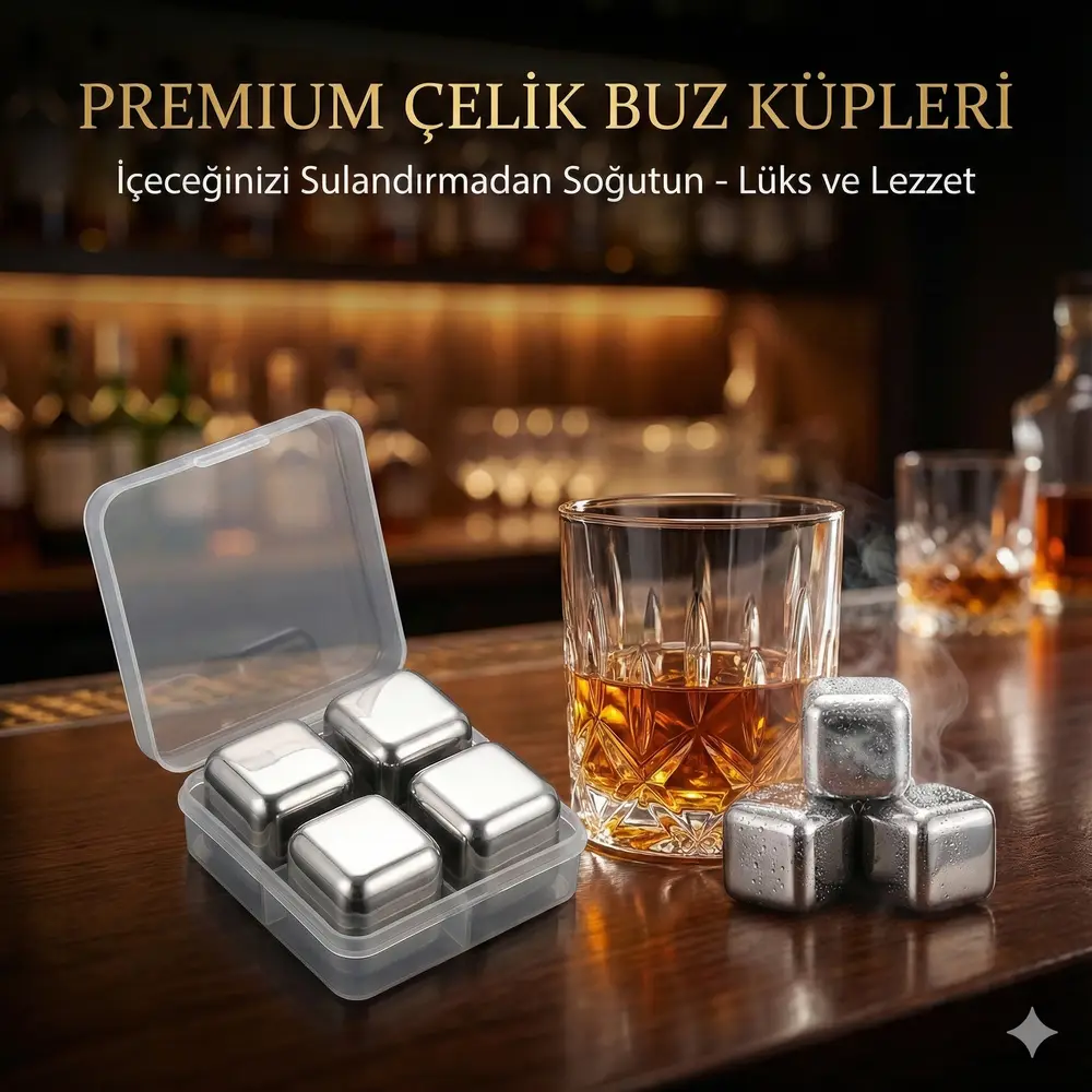 4'lü Çelik Metal Kaplama Viski Taşı Soğutma Buz Küpü 2