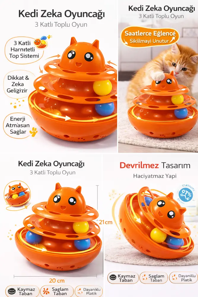 Hacıyatmaz Kedi Oyuncağı 3 Katlı Toplu Zeka Oyuncağı 20x21 cm – Devrilmez Interaktif Oyuncağı 3