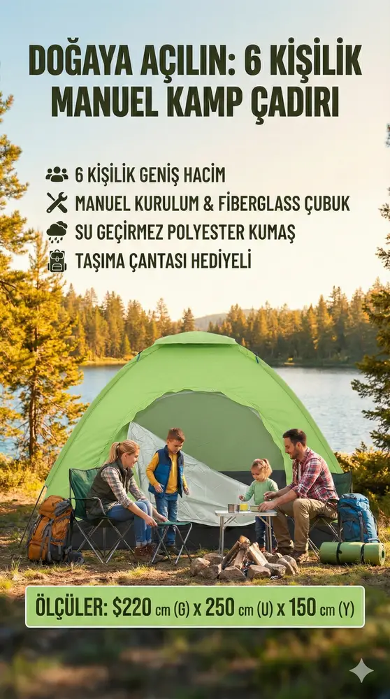 Kolay Kurulumlu Pratik Kamp Çadırı 6 Kişilik (220x250x150) 2