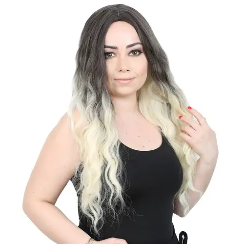 Su Daası Uzun Perçemsiz Fiber Sen Peruk / Küllü Siyah / Platin Ombreli
