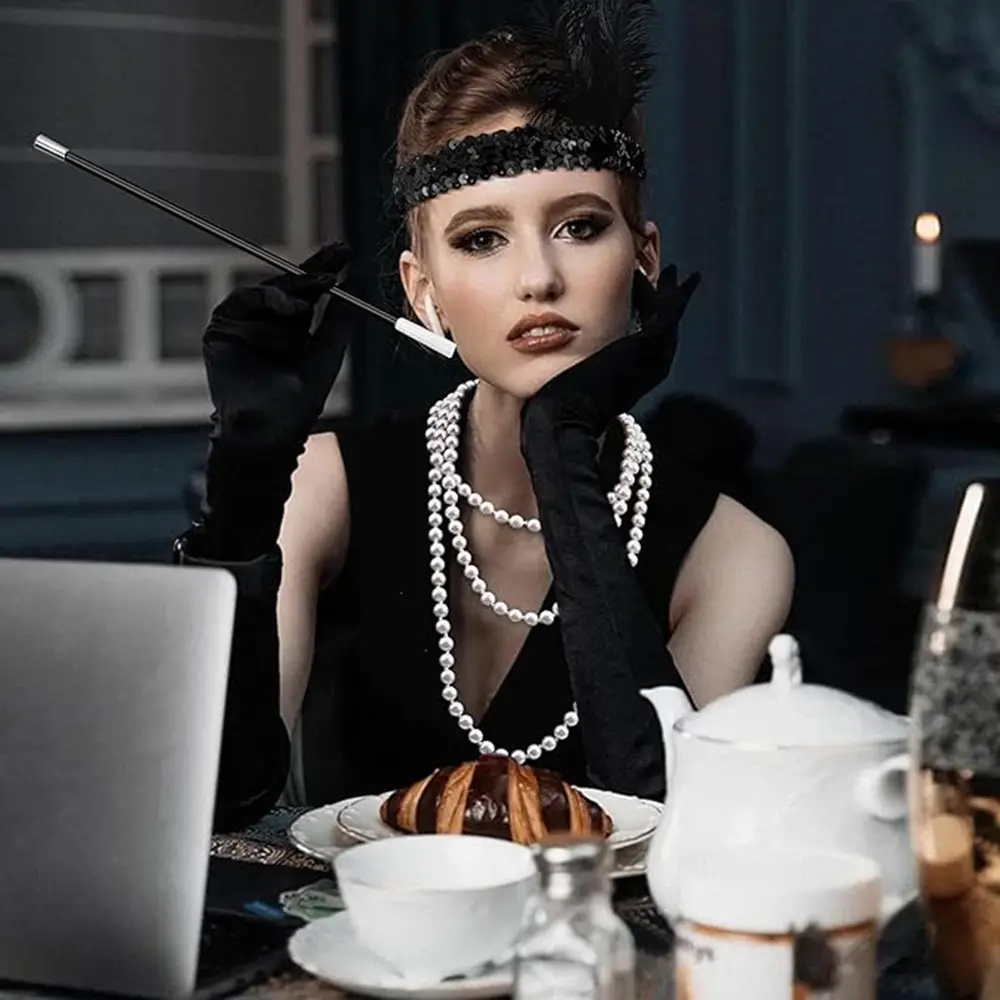 1920'ler Gatsby Aksesuar Seti – Siyah Charleston Saç Bandı, Uzun Eldiven & lık 3