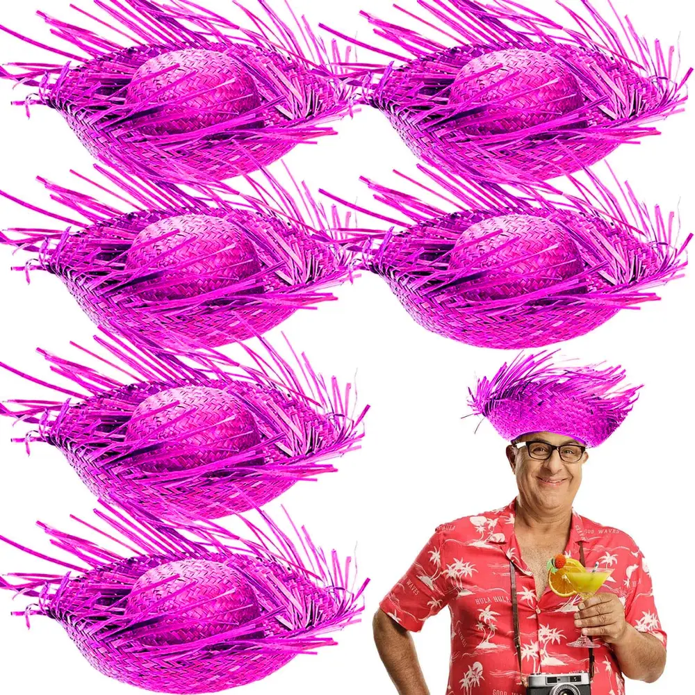 Tropikal Parti Pembe Fuşya Hasır Hawaii Şapkası 13x36 cm 3