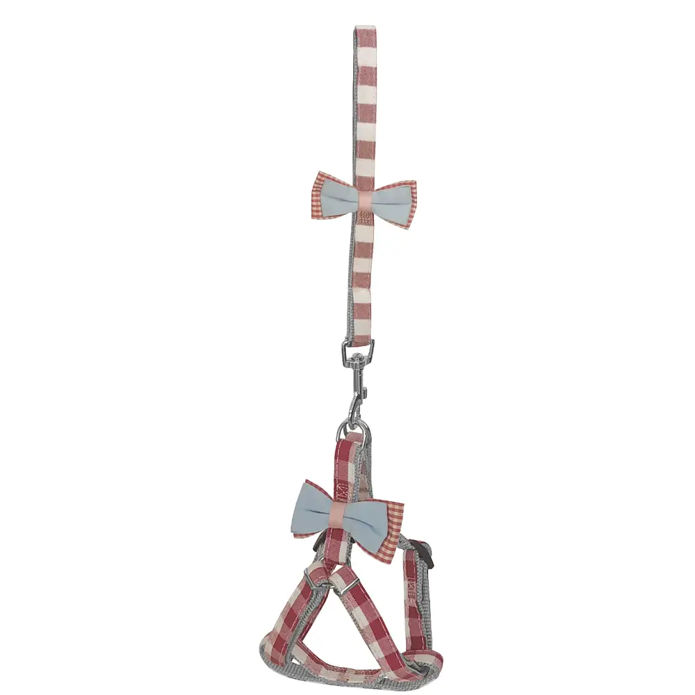 Köpek Göğüs Tasma Seti Ekose Desenli Papyonlu 1.5 cm*35-48 cm Kırmızı 6