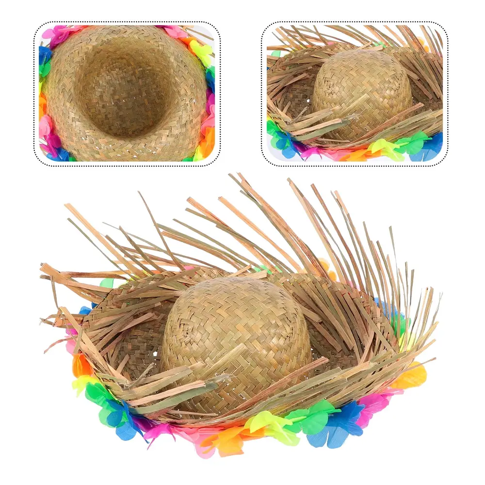 Naturel Renk Püsküllü Örme Hasır Hawaii Luau ha Şapka 13x36 cm