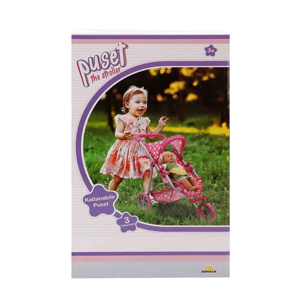 0663 Puantiye Desenli, 3 Tekerlekli ve Tenteli Oyuncak Puset - Sunman 2