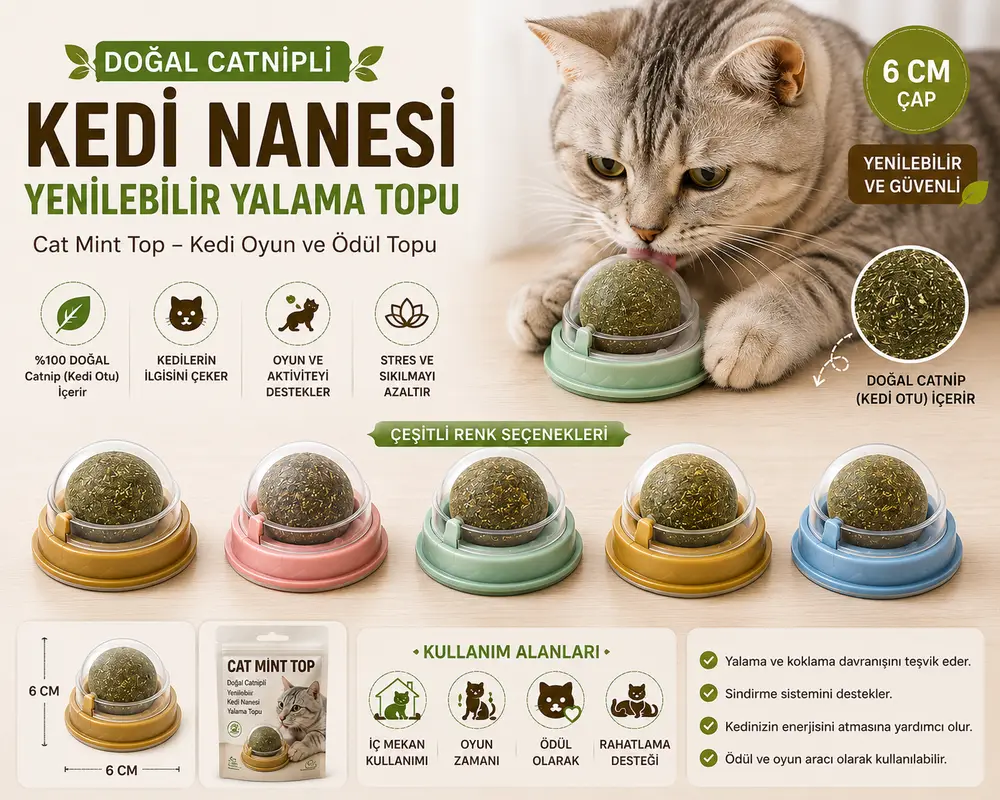 Doğal Catnipli Yenilebilir Kedi Nanesi Yalama Topu – 6 CM 3